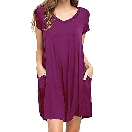VEMOW Elegante Damen Frauen Sommer zufälliges festes einfaches Taschenb T-Shirt lose tägliches Partei Kleid Strandkleid