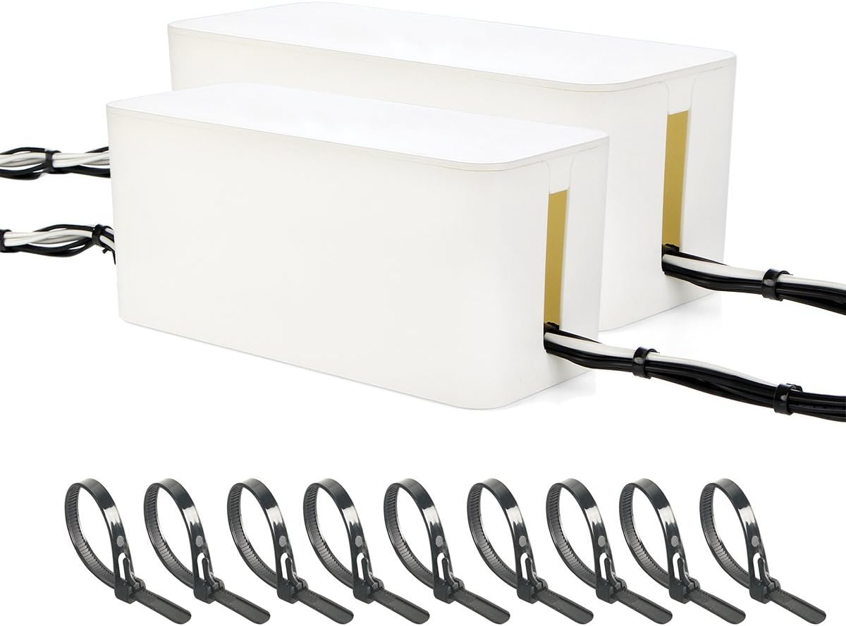 WYNMARTS CBB Large Cable Organizer Box, White Color for Outlet Power Cable Management with 100 Reusable/Releasable Cable Ties, 16