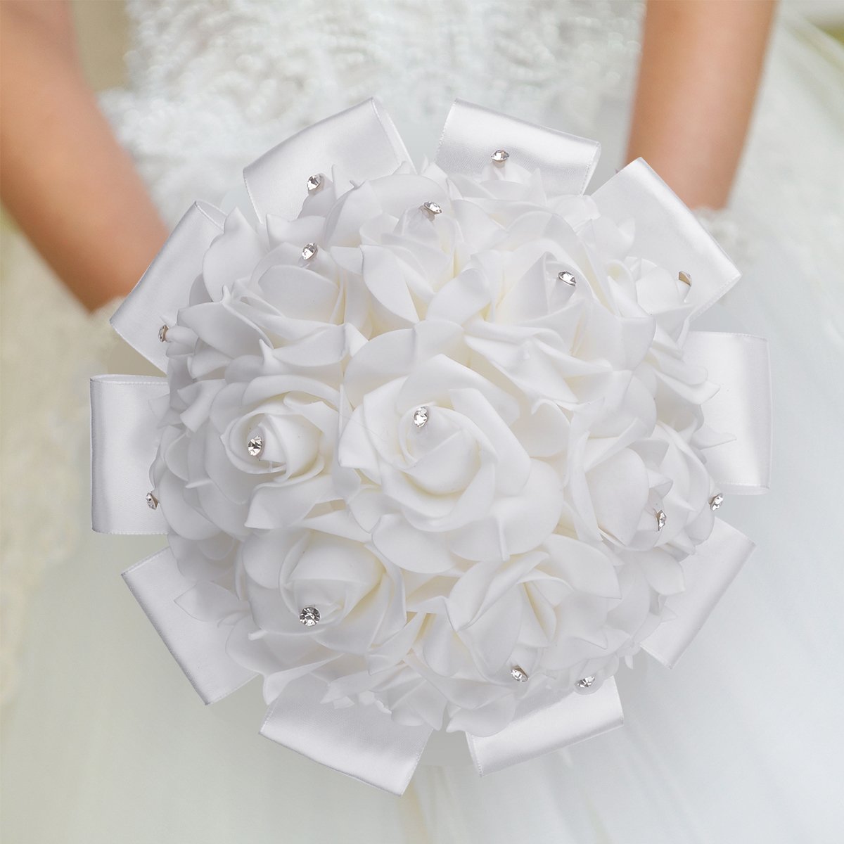 TrueLoveGift Wedding Bouquet, White Bouquet for Bride Bridesmaids with Diamond Soft Ribbons Artificial Rose Bridal Holding Flowers for Wedding, Party and Church