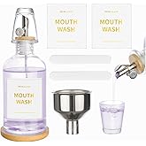 RELBRO Glass Mouthwash Dispenser for Bathroom, 11.8 OZ Refillable Mouthwash Container with Cup, Auto Pour Spout, Bamboo Tray, Funnel, Stickers, Clear, 1 Pcs