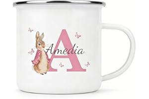 Personalized Easter Bunny Mug for Kids – Custom Name & Initial Enamel Camping Mug, Easter Gift for Boys, Girls, Family