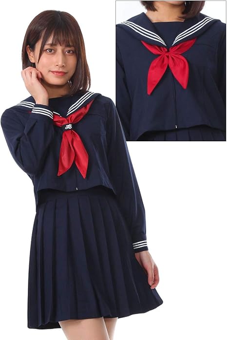 Amazon リボン２個付き Monoii セーラー服 コスプレ 女子高生 制服 コスチューム 白 紺 赤 Jk 学生服 仮装 衣装 ｘｘｌサイズ 長袖 紺 ミニスカート 紺 D007 コスプレ 仮装 通販