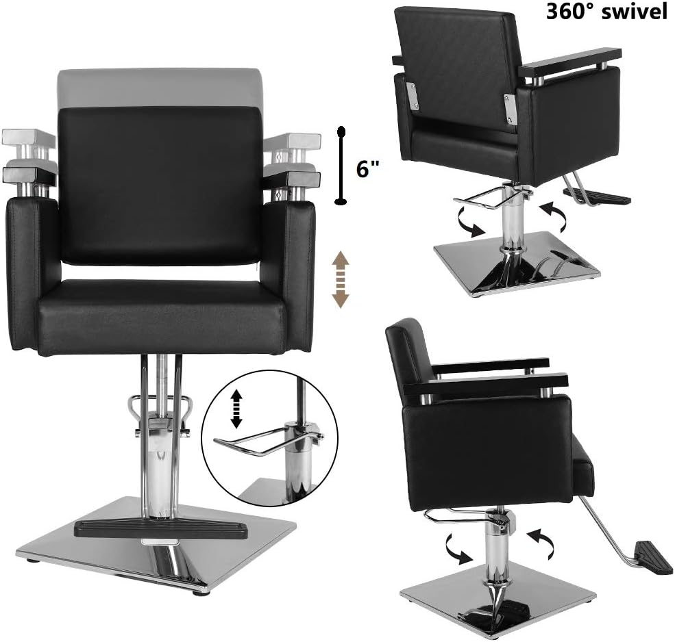 SUNCOO Hydraulic Barber Chair Hair Styling 360 Degree Swivel Durable Square Chassis Wood Handrails Solid Pedal Salon Beauty Classic Black: Kitchen & Dining