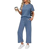 WIHOLL 2 Piece Sets for Women Casual Summer Travel Vacation Outfits Short Sleeve Wide Leg Crop Pants Lounge Sets