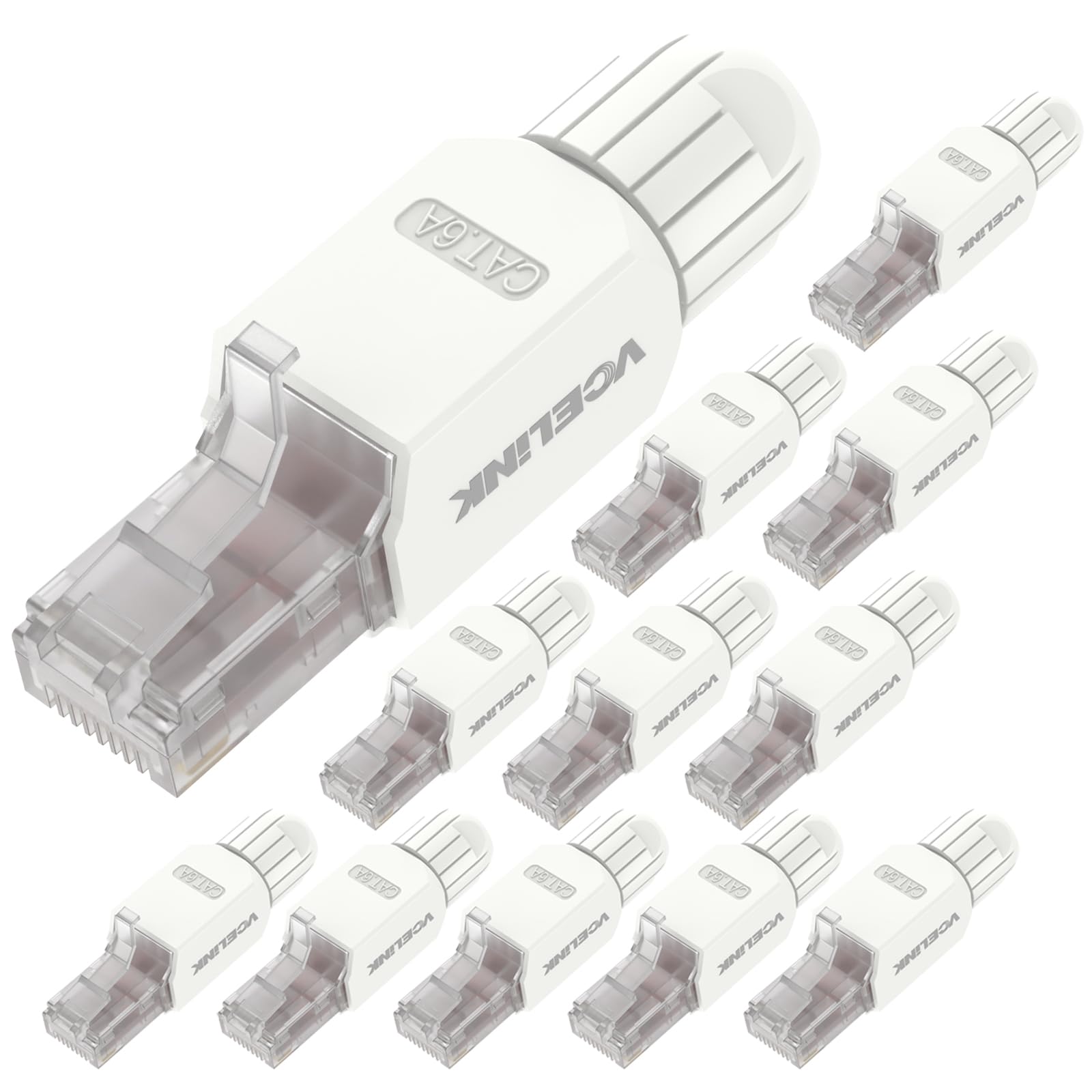 VCELINK Cat6A Tool-Free RJ45 Connector, 10 Gbps/500 MHz, Reusable UTP Gold-Plated Ethernet Plug for 23-26 AWG Network Cable, PoE Toolless Ethernet Modular Plug, White, 12 Pack