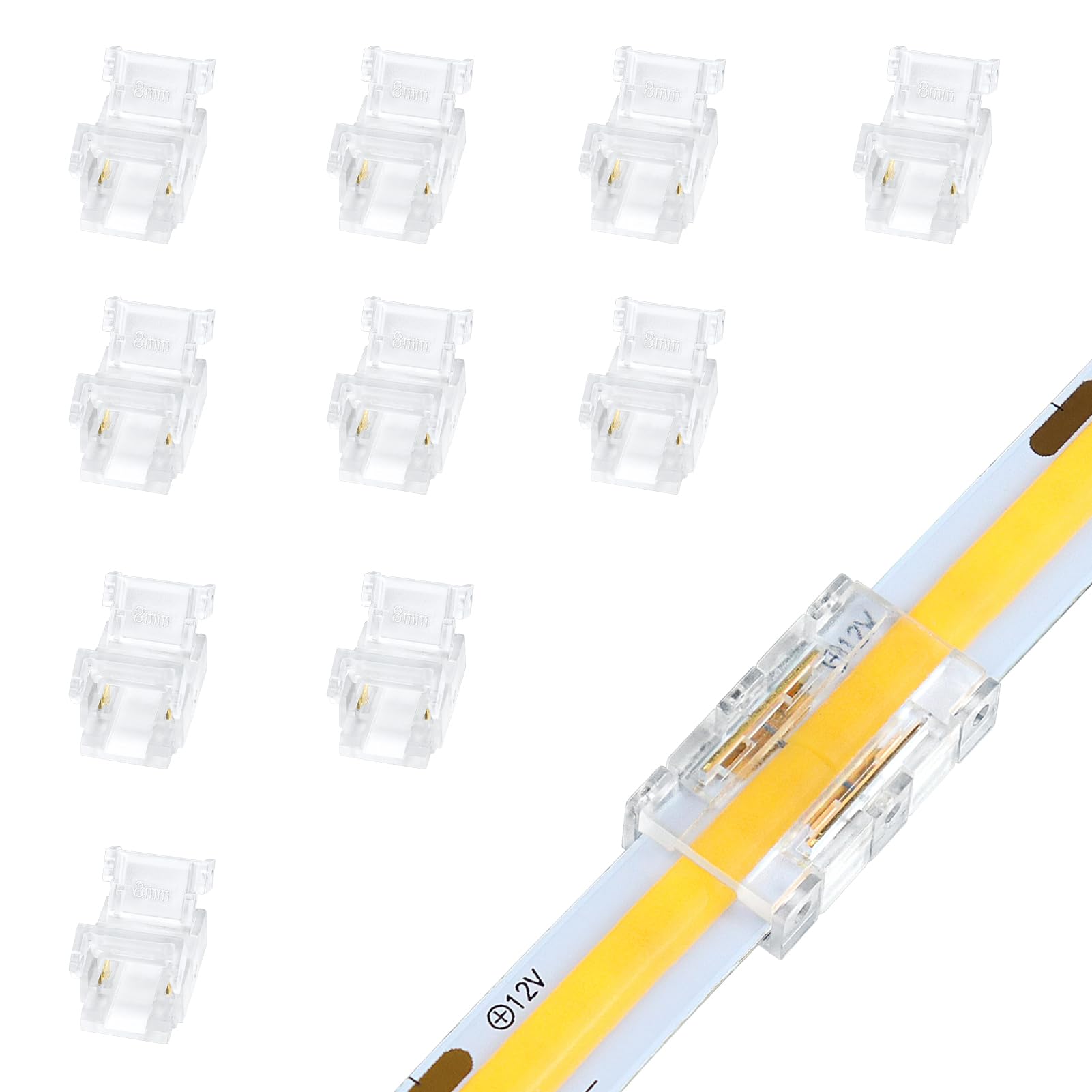 Photo 1 of LightingWill LED Connectors 2Pin 8mm, 10 PCS Strip to Strip Connector Transparent Solderless, Unwired Gapless Tape Light Connector, No Dark Area for COB/SMD 2835 3528 Single Color LED Strips