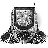 Merbaa Berlin hand-carved Fringed Shoulder Bag Natural Cowhide Hand Bag with Floral Hand Tooling