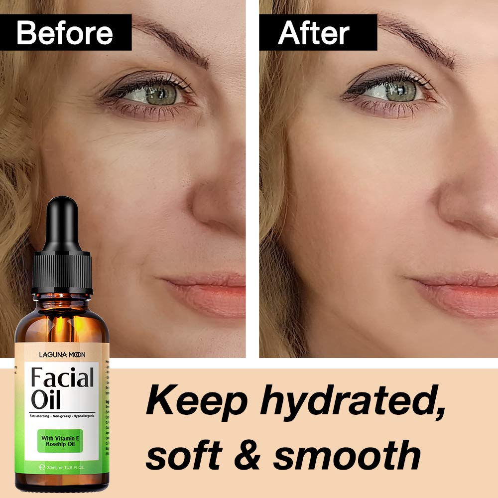 Lagunamoon Facial Oil for Women Anti-Aging & Moisturizing, Natural Face Oil with Rosehip Oil & Jojoba Oil Blends, Vitamins and Cocoa Butter for Dry Sensitive Skin, Vegan, 30ml/1 oz: Beauty