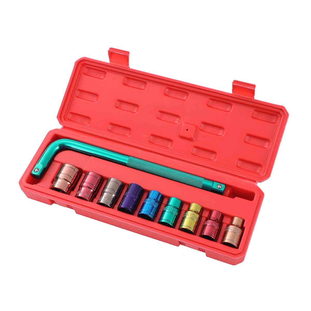 TOPWAY 1/2 Inch Socket Set 10PCs 8-22mm Metric with Square End L Shape Wrench Handle, Chrome Vanadium Steel, Multicolour, Auto Repairing Garage Tool in Stroage Case