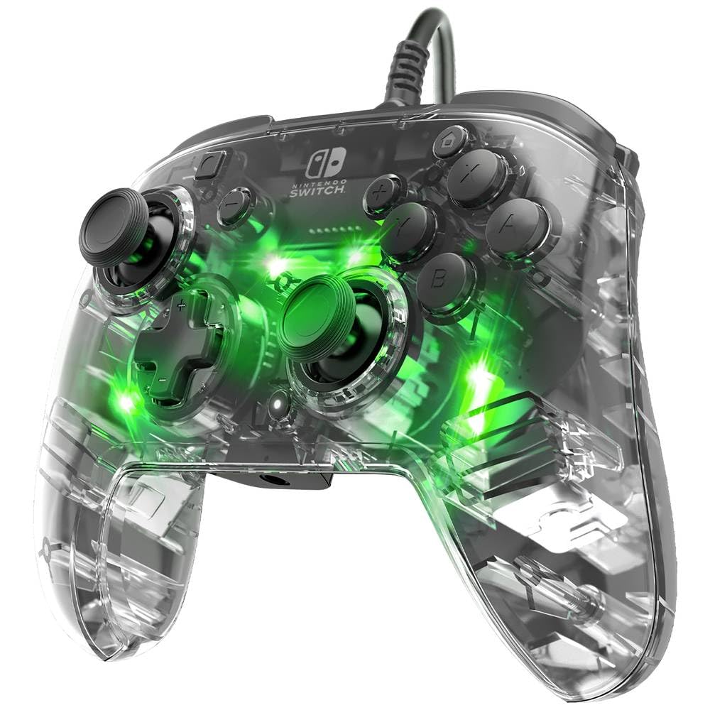 PDP Gaming Afterglow Deluxe+ Controlador LED con cable para Nintendo Switch Pro, licencia oficial, luces de color RGB, cuerpo transparente transparente, conector de audio de 3,5 mm, botones de paleta de vibración dual