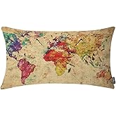 EKOBLA Watercolor World Map Lumbar Pillow Cases Vintage Global Stain Graphic Decorative Throw Pillow Cover Rectangle Cushion Covers Cotton Linen 12x20 Inch for Men Women