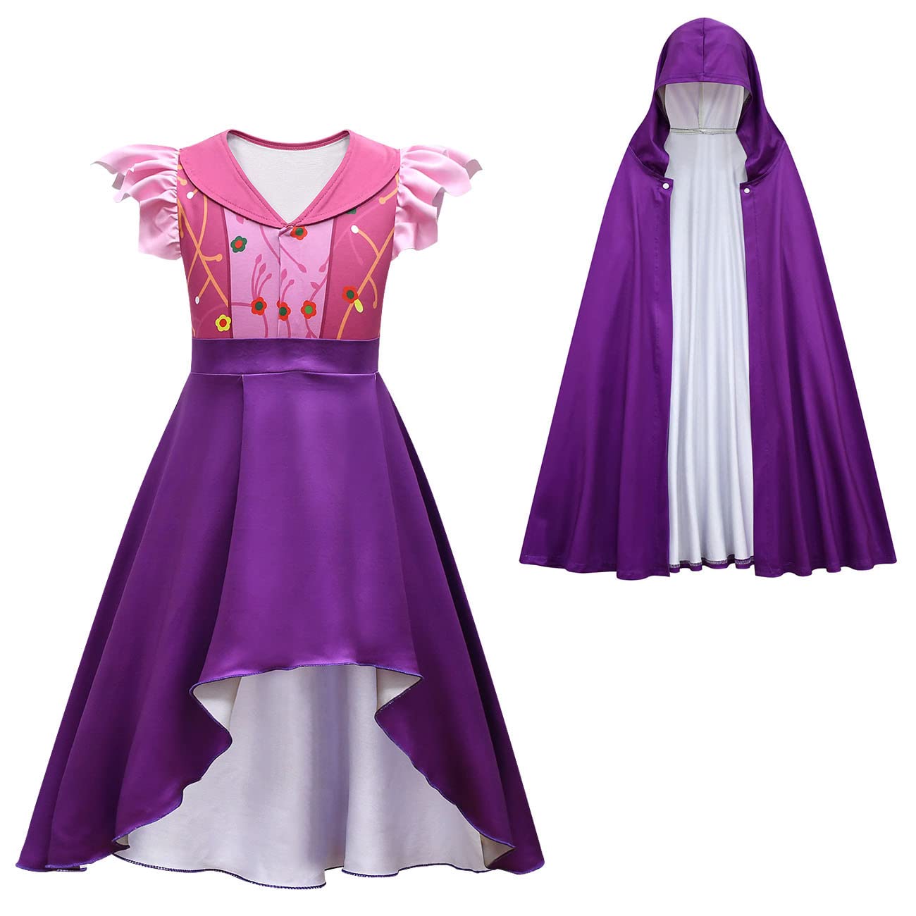 IBTOM CASTLE Sanderson Sisters for Girls,Kids Sarah Mary Winifred Sanderson Outfit Cape Child Party for Teen Purple Ruffle+Cloak 6-7 Years