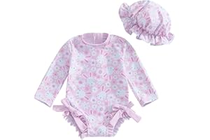 Toddler Baby Girl Swimsuit One Piece Rash Guard Ruffles Bathing Suit with Hat Long Sleeve Zipper Bowknot Swimwear