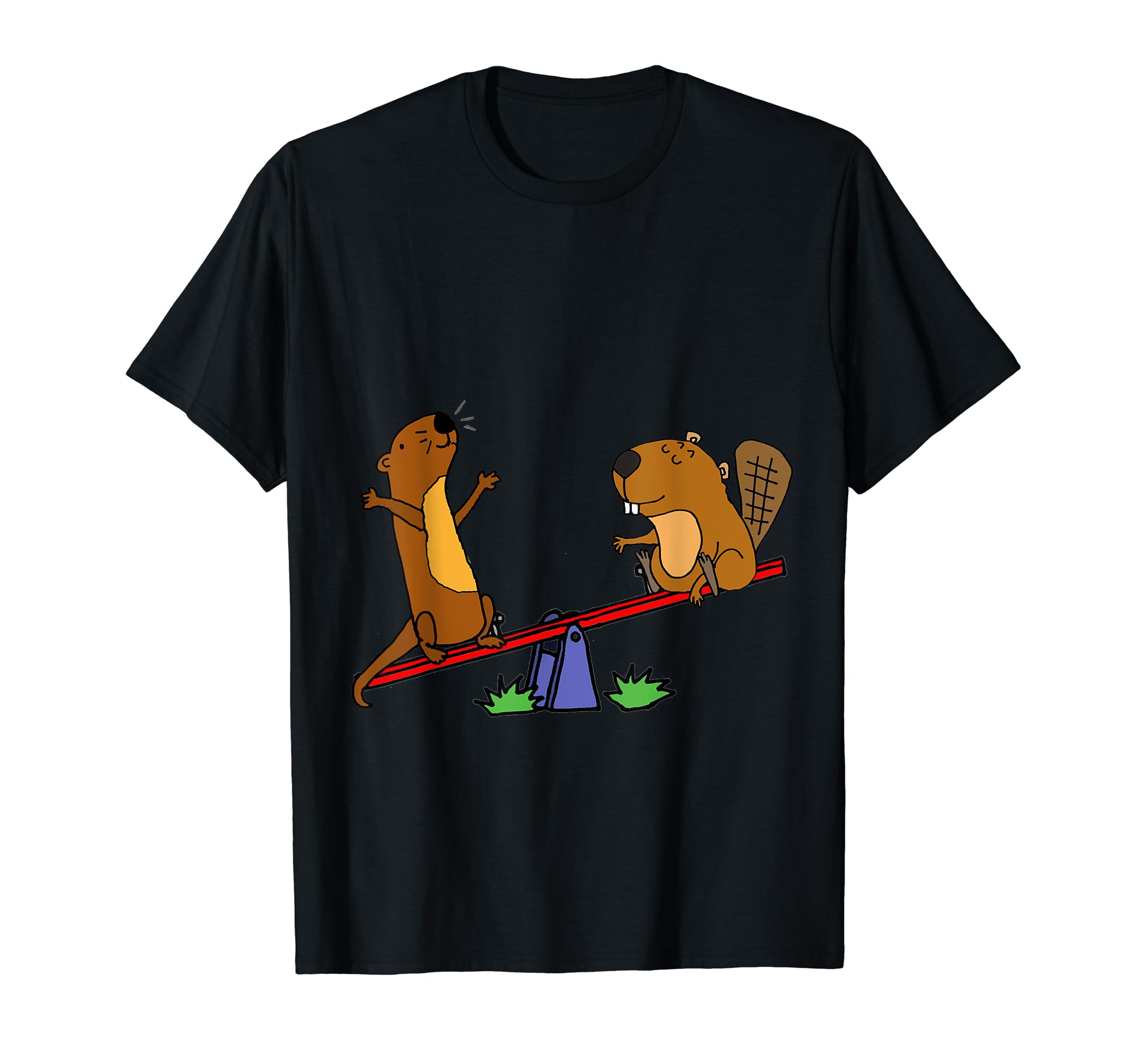 Smileteesfunny Funny Sea Otter and Beaver on Seesaw Cartoon T-Shirt