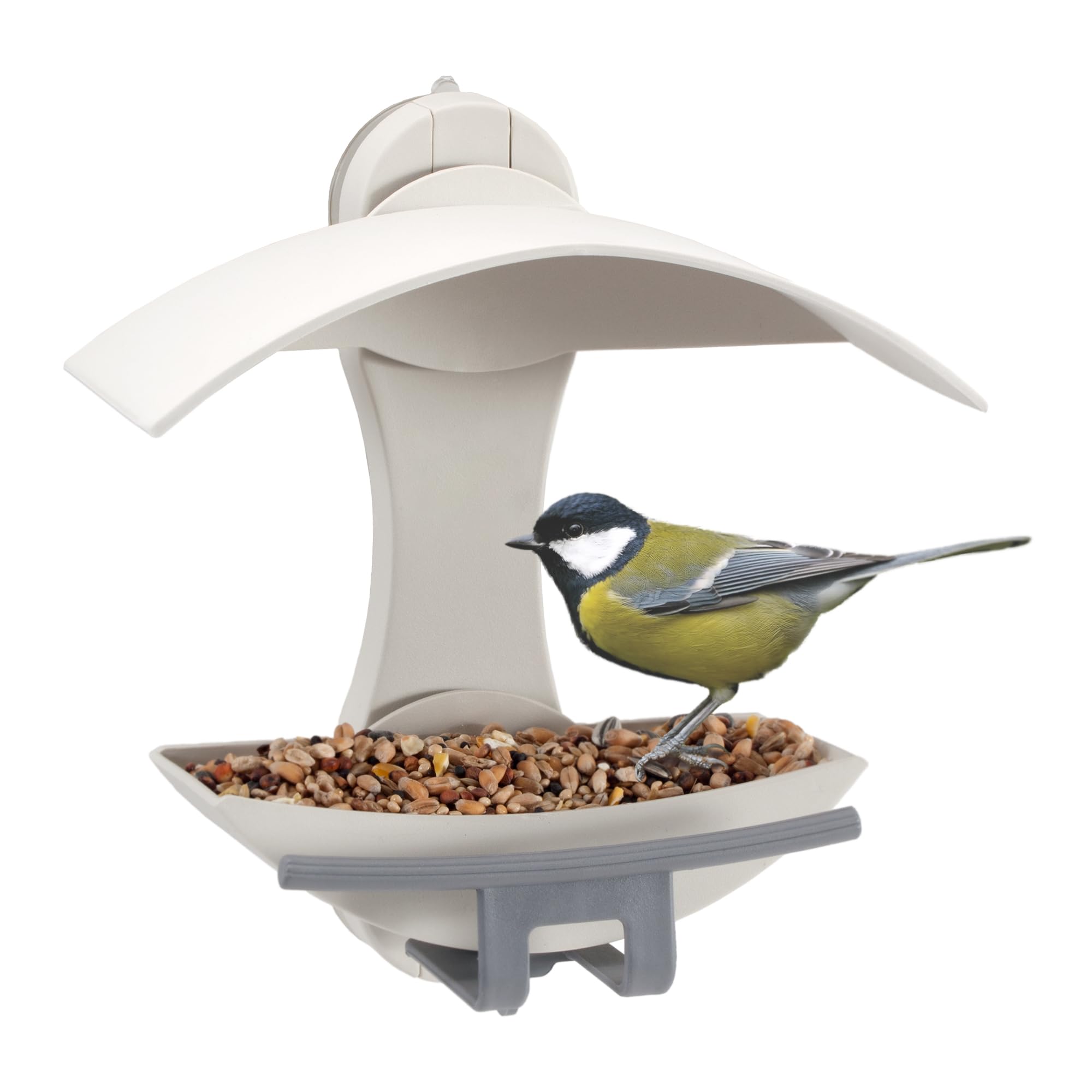 The Nuttery Window Bird Feeder WIND01 – Stick-On Bird Feeder with Strong Suction Pads – Window Mounted Bird Seed Feeder for Mealworms & Suet Nuggets – Ideal for Small Garden Birds (Stone White)