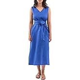 Amazhiyu Womens 100% Linen Summer V-Neck Midi Dresses Sleeveless with Pockets