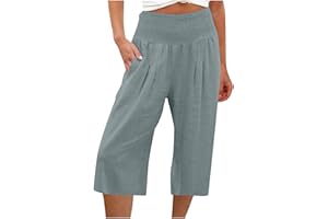 MaMiDay High Waisted Capri Pants for Women Linen Trendy Wide Leg Summer Capris Loose Comfy Casual Palazzo Pants with Pockets