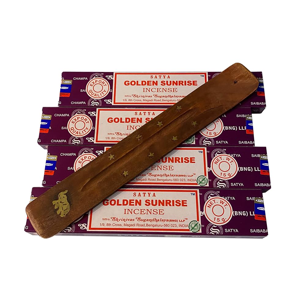 VIE Satya Incense Sticks, 4 Packs x 15g, with Incense Holder, Golden Sunrise