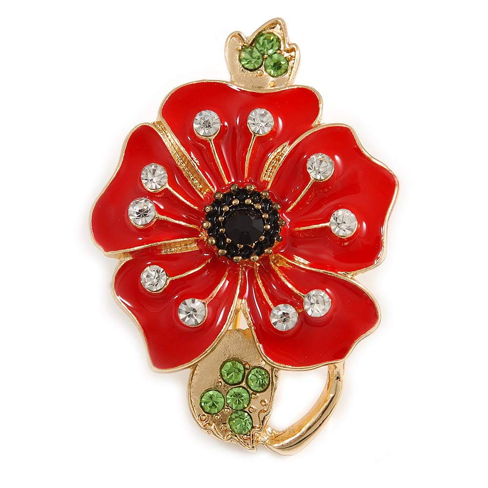 Bright Red Enamel Clear/Green/Black Crystal Poppy Brooch In Gold Tone Metal - 50mm Long