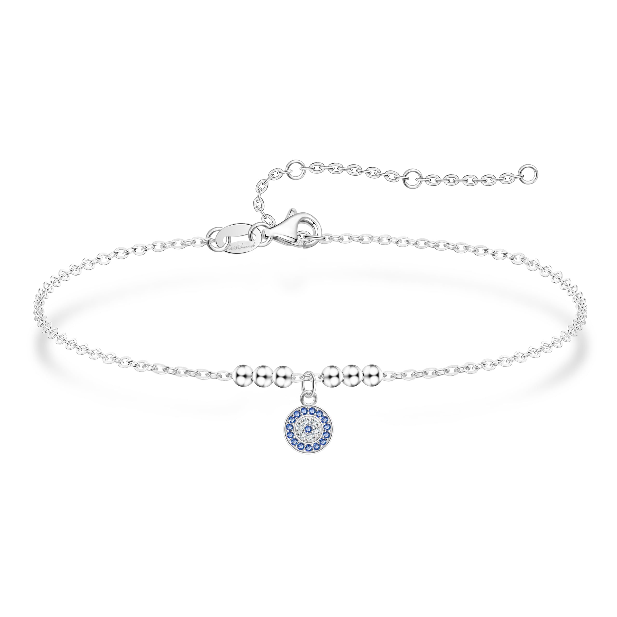 KristLand Evil Eye Silver Bracelet - Sterling Silver with Cubic Zirconia, Hand Chain, White Gold Plated, Adjustable - Gifts for Women & Ladies