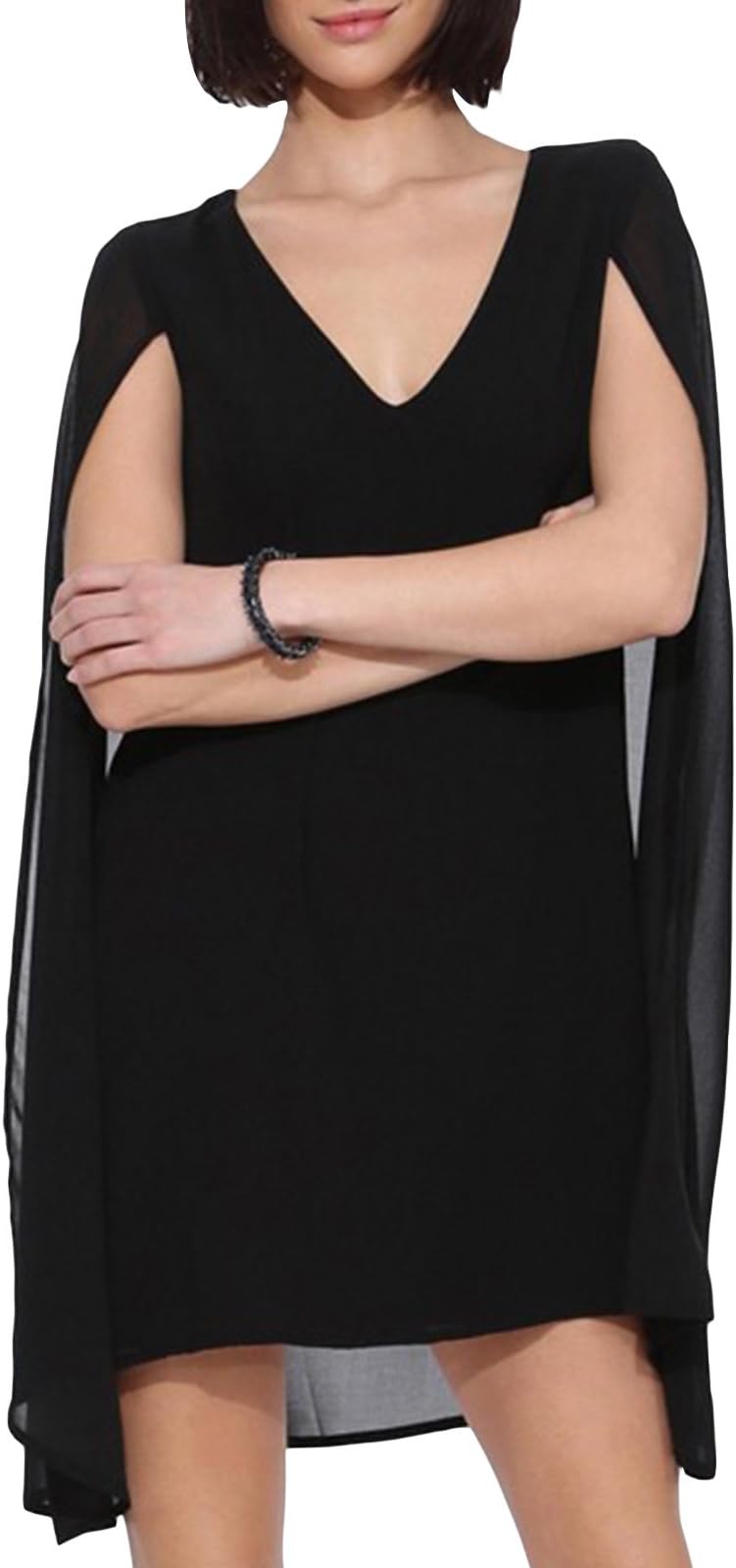 Ubasics Women's Fashion Fake Two Piece Style V Neck Cape Chiffon Blouse Black Asian M/US 2-4 Bust:33.1"