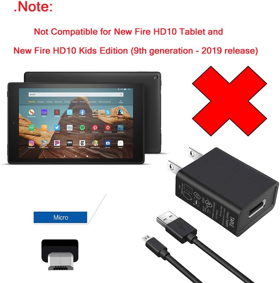 TAPLE Kindle Fire Charger, [UL Listed] AC Adapter Rapid Charger with 5 Ft Micro-USB Cable Compatible Kindle Fire HD, HDX 6" 7" 8.9" 9.7", Fire 7 8 10 Tablet and Phone, Tab Power Supply Cord: Electronics