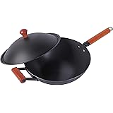 MAISON HUIS Wok Pan With Lid 12.5 Inch, Uncoated Iron Pot, Nonstick Iron Deep Frying Pan Stir-Fry, Grilling