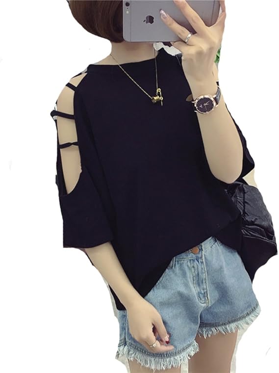 Amazon Huanggu フアングー 韓国ファッション 夏 Tシャツ 半袖 レディースtシャツ 春 学生 ベアトップ 半袖 ゆったりtシャツ Tシャツ カットソー 通販