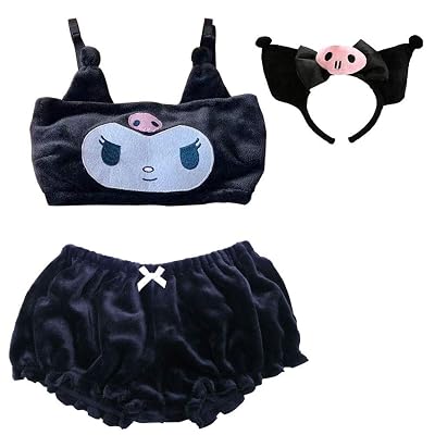 My Melody Kuromi Anime Plush Bra Cosplay Costume Cute Bloomer Suit Pajamas with Free Kuromi Hair Band for Womens Black
