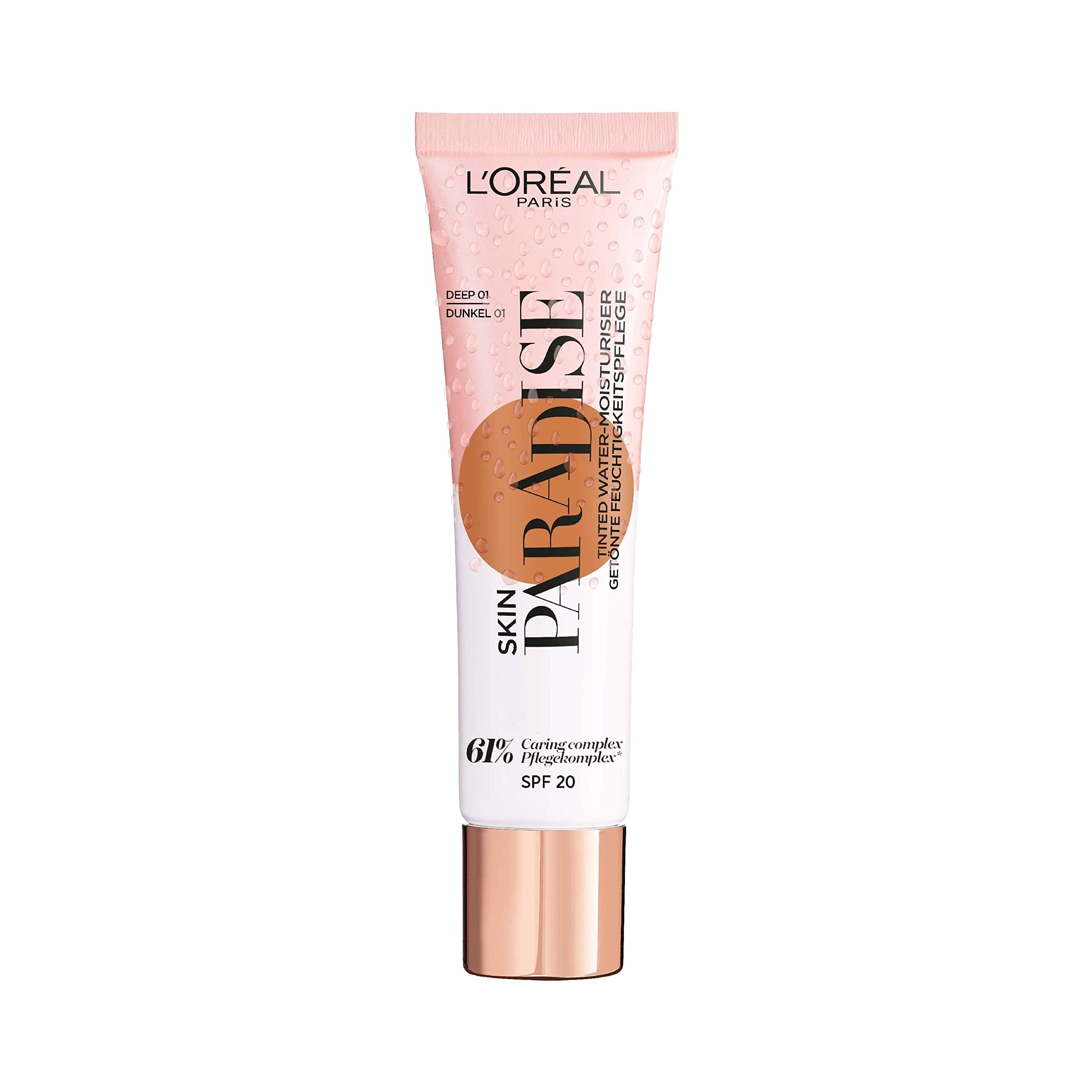 L'Oreal Paris Skin Paradise Tinted Moisturiser, Up to 24h hydration, SPF20, 01 Deep, 0.039 kg