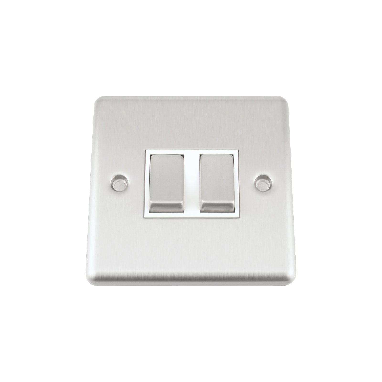 A5 Light Switch Double 2 Gang Satin Brushed Chrome Classic - White Insert - Metal Rocker Switches - 10A 1 Gang 2 Way