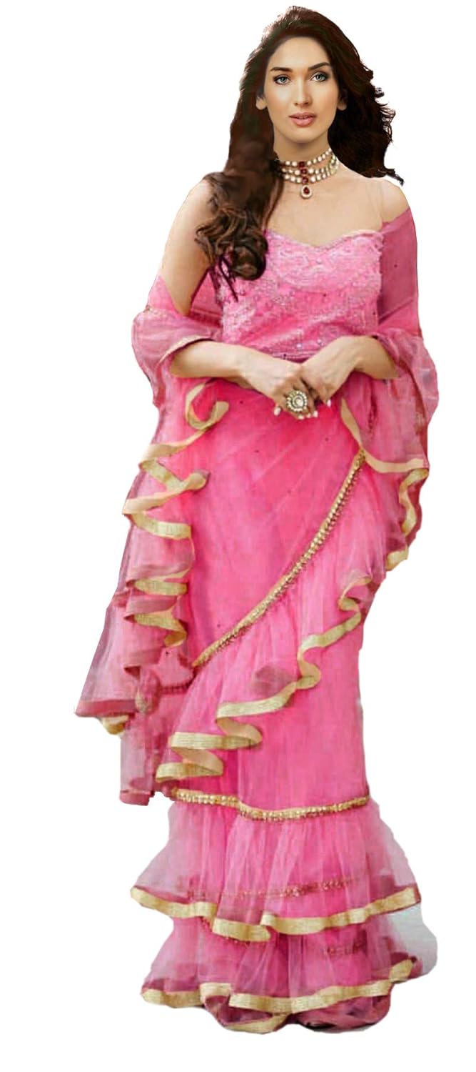 clickedia women's net ruffle saree with lace border and unstitched blouse piece with embroidery