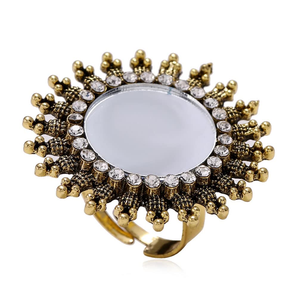 IMINI Vintage Mirror Sunflower Big Statement Ring for Women Girls Oxidized Gold Plated Cubic Zirconia Adjustable Boho Round Open Band Rings Comfort Fit Indian Bollywood Cocktail Party Jewelry (Gold)
