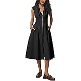 Tomosc Women Sleeveless Midi Dress Summer Casual V Neck Zip Front Smocked Shirt Dress with Pockets