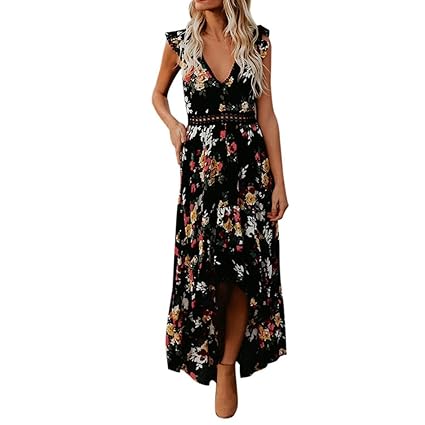 Cooljun Damen Blumen Kleid Ärmellos V-Ausschnitt Kleider Lange Dress Party Club Strandkleid Sommerkleid Cocktailkleid Böhmen 