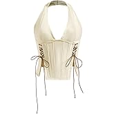 winkbay Women's Backless Halter Top Summer Lace Up Deep V Neck Sleeveless Party Club Tops