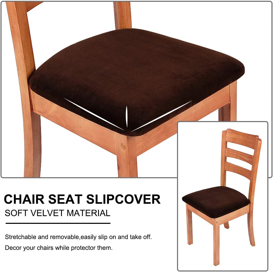 smiry Stretch Chair Seat Covers for Dining Room Velvet Dining Chair Seat Protectors Chair Slipcovers, Set of 6, Coffee - Image 5