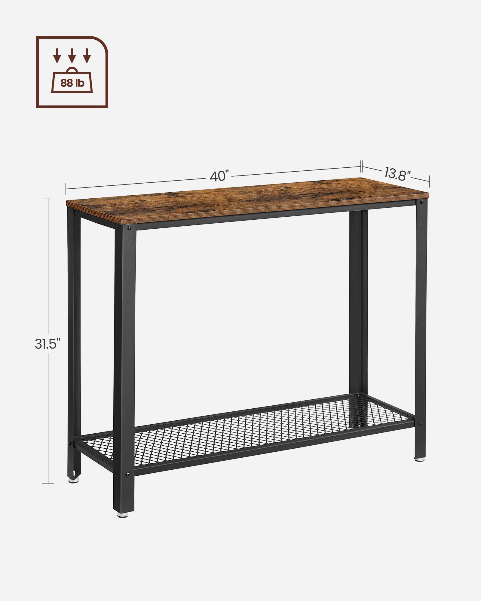 VASAGLE Console Table, 2-Tier Entryway Table with Mesh Shelf, Narrow Sofa Table, Steel Frame, Adjustable Feet, for Hallway, Living Room, Industrial Style, Rustic Brown and Black ULNT80X