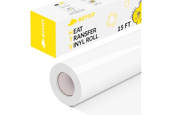 EIZYCUT HTV Heat Transfer Vinyl - 12" x 15FT Easy to Cut & Weed White Iron on Vinyl Roll for T Shirts, Fabrics & DIY Projects