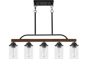KEESFU Farmhouse Dining Room Light Fixture,5 Light Kitchen Pendant Lighting with Clear Glass Shade,Farmhouse Chandeliers for Dining Room Kitchen Table, Adjustable Height,Wood Grain Color Finish.