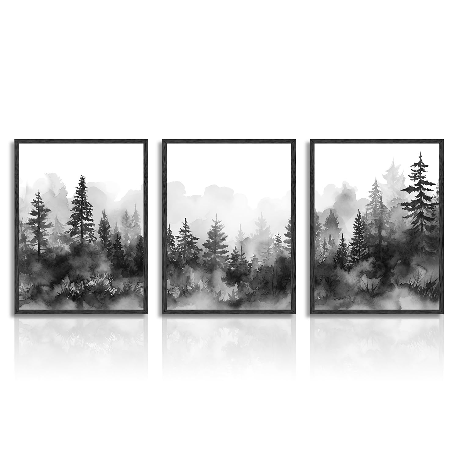 Dazzlewall Misty Forest Mountain Wall Decor Poster Black White Forest Landscape Wall Poster for Bedroom Living Room Decor 12x16 in Unframed Set of 3