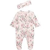 Little Me Clothes for Baby Girls 100% Cotton 2Pc Zipper Closure Footie and Headband Set, Baby Essentials, Preemie to 9 Months