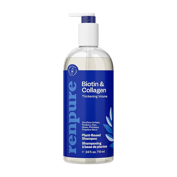 RENPURE PLANT BASED BIOTIN & COLLAGEN VOLUMIZING VEGAN SHAMPOO, LEAVES HAIR LOOKING LUSCIOUS, RIDS HAIR OF GRIME, GENTLE BIOTIN SHAMPOO FORMULA, PARABEN FREE, RECYCLABLE, PUMP BOTTLE DESIGN, 24 FL OZ