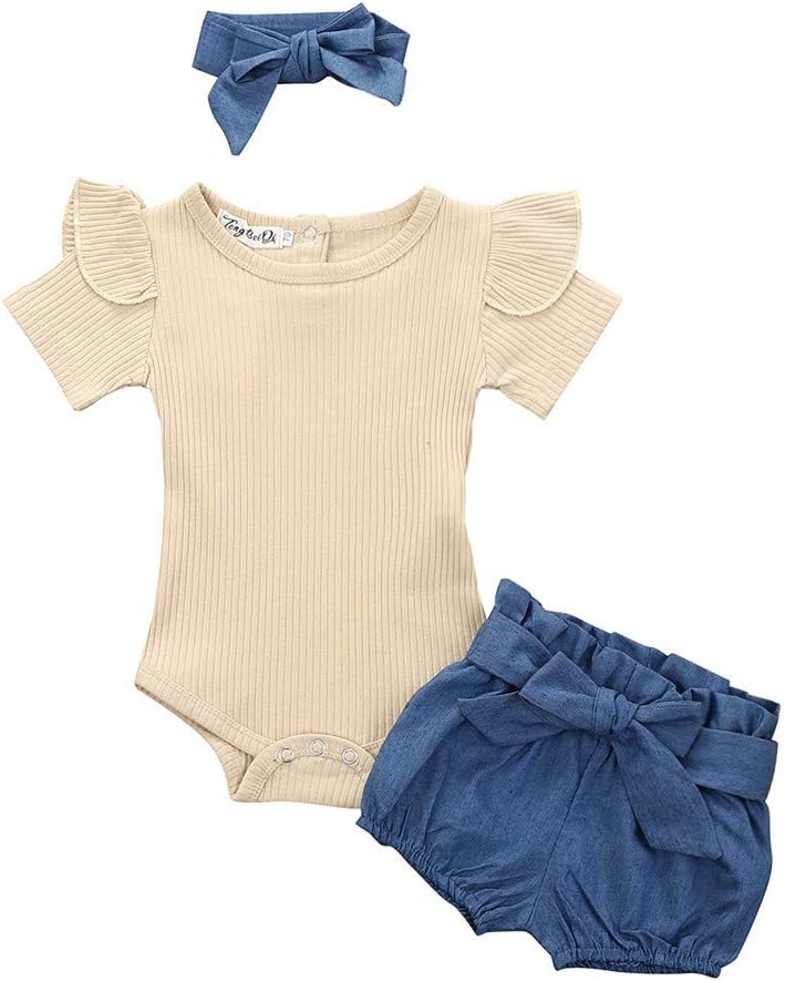 KpopBaby 3PCS Infant Toddler Baby Girl Clothes Ruffle Romper Bodysuit Floral Halen Pants Headband Outfits