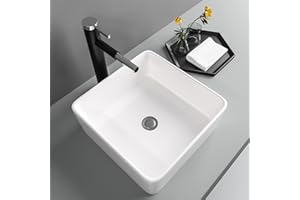 Square Vessel Sink - Lofeyo 15"x15" Bathroom Sink Above Counter White Ceramic Porcelain Lavatory Vanity Vessel Sink Basin