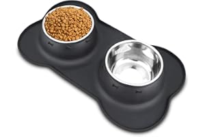 AsFrost Dog Food Bowls Stainless Steel Pet Bowls & Dog Water Bowls No Spill Non Skid, Feeding Bowls with Dog Bowls Silicone Mat for Small Medium Large Size Dogs, Cat Pet Dog Dishes Set, Black, 3 Cup