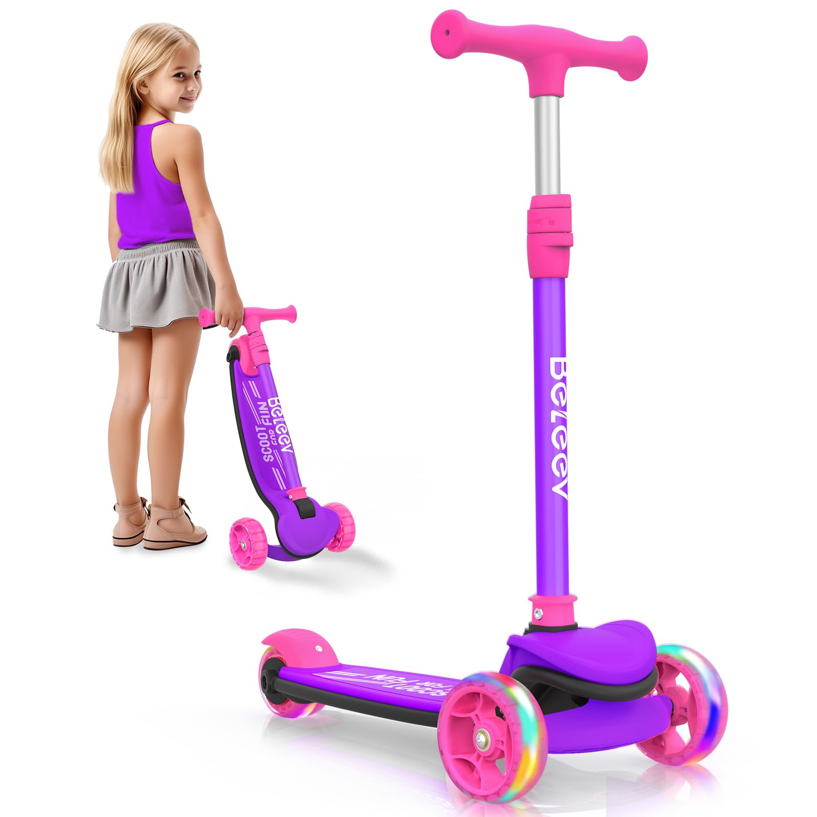 BELEEV A8 Foldable Scooter for Kids Ages 3-12, 3 Wheel Scooter for Toddlers Girls Boys, Light up Kick Scooter for Children, 4 Adjustable Height, Big Wheels, Lean to Steer(Pink Purple)