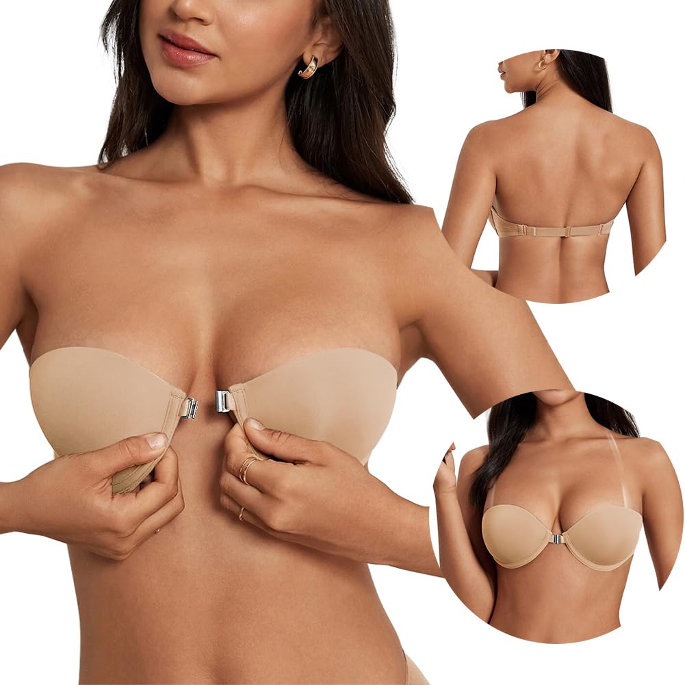 Photo 1 of Sexy Code 1701 Front Closure Strapless Bra with Clear Strap, Underwire Low Plunge Push Up Bra for Women Small Breast