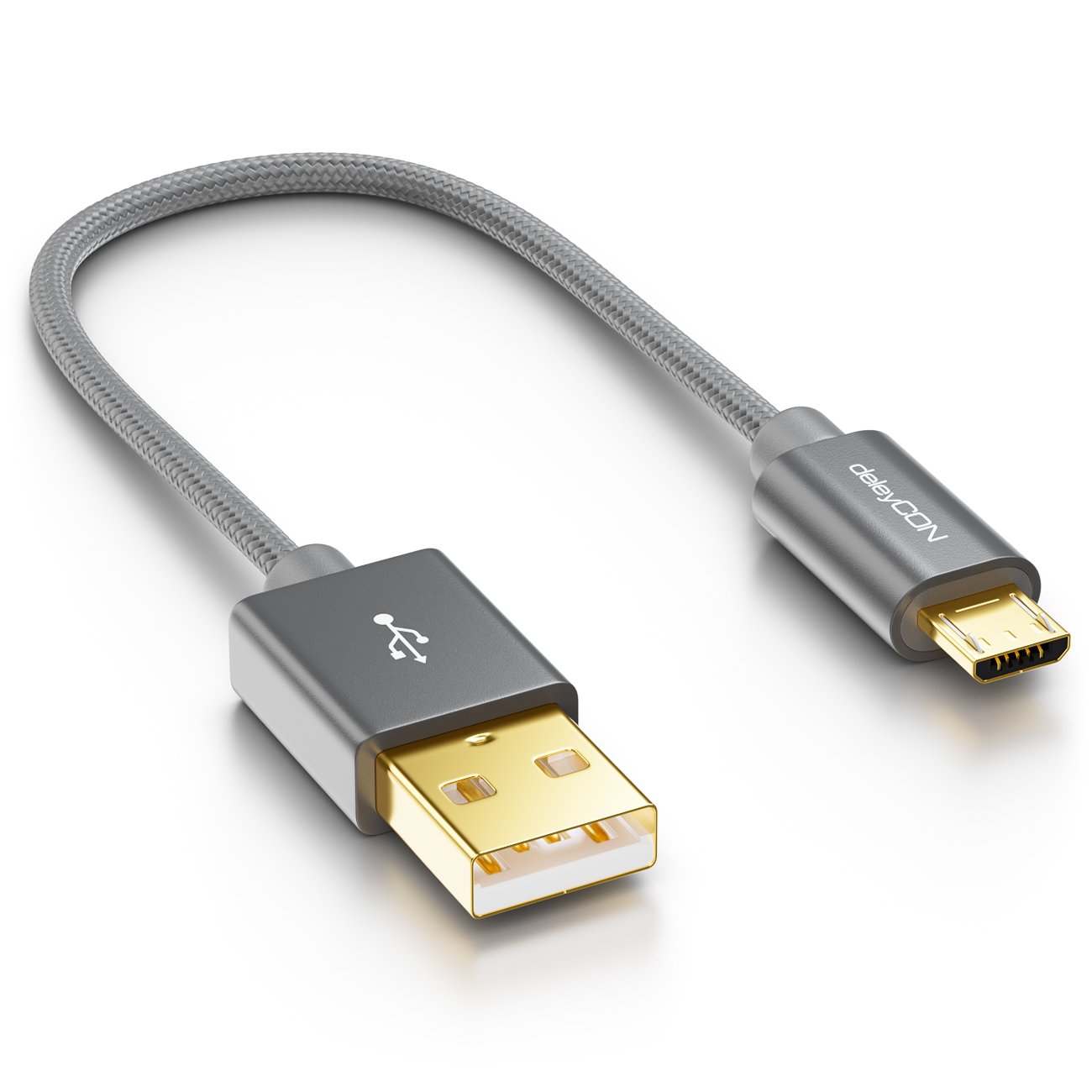 deleyCON nylon micro USB cable with metal plug grey 0.15m