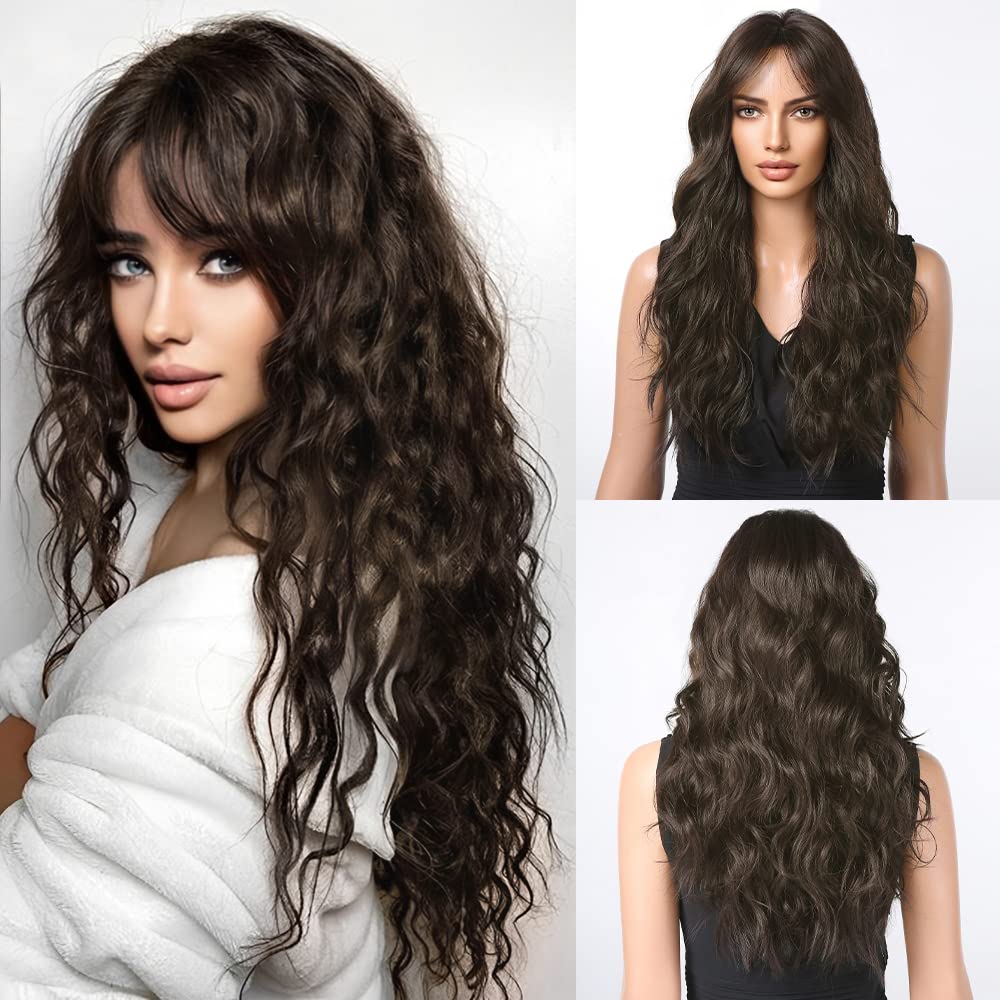 HAIRCUBE Long Brown Wavy Wigs for Women, Synthetic Hair Wig with Fringe for Daily — image 1